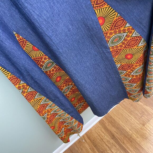 Studio EY Maxi Dress Womens Medium Blue Chambray Bell Sleeve Dashiki Print Boho - Picture 5 of 10
